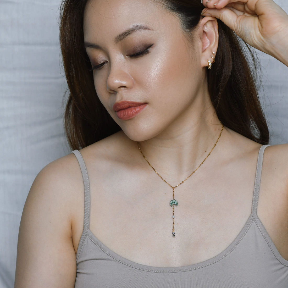 Kyra Green Spot Jasper+Moonstone Lariat Necklace