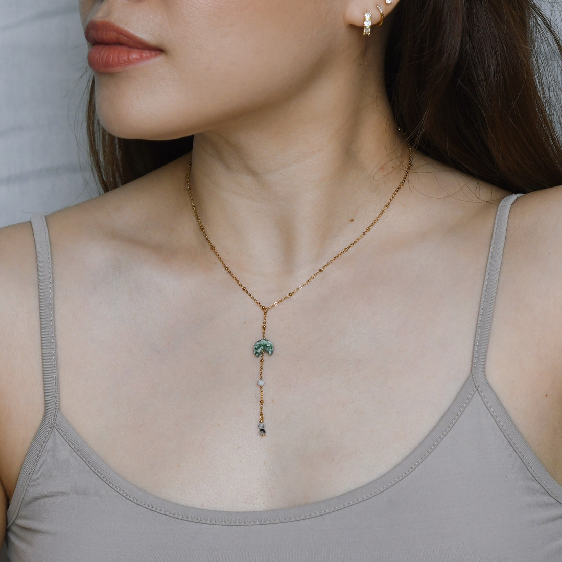 Kyra Green Spot Jasper+Moonstone Lariat Necklace