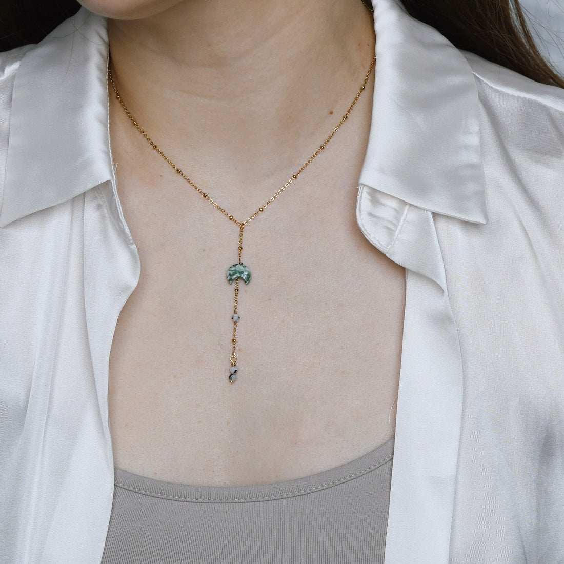 Kyra Green Spot Jasper+Moonstone Lariat Necklace