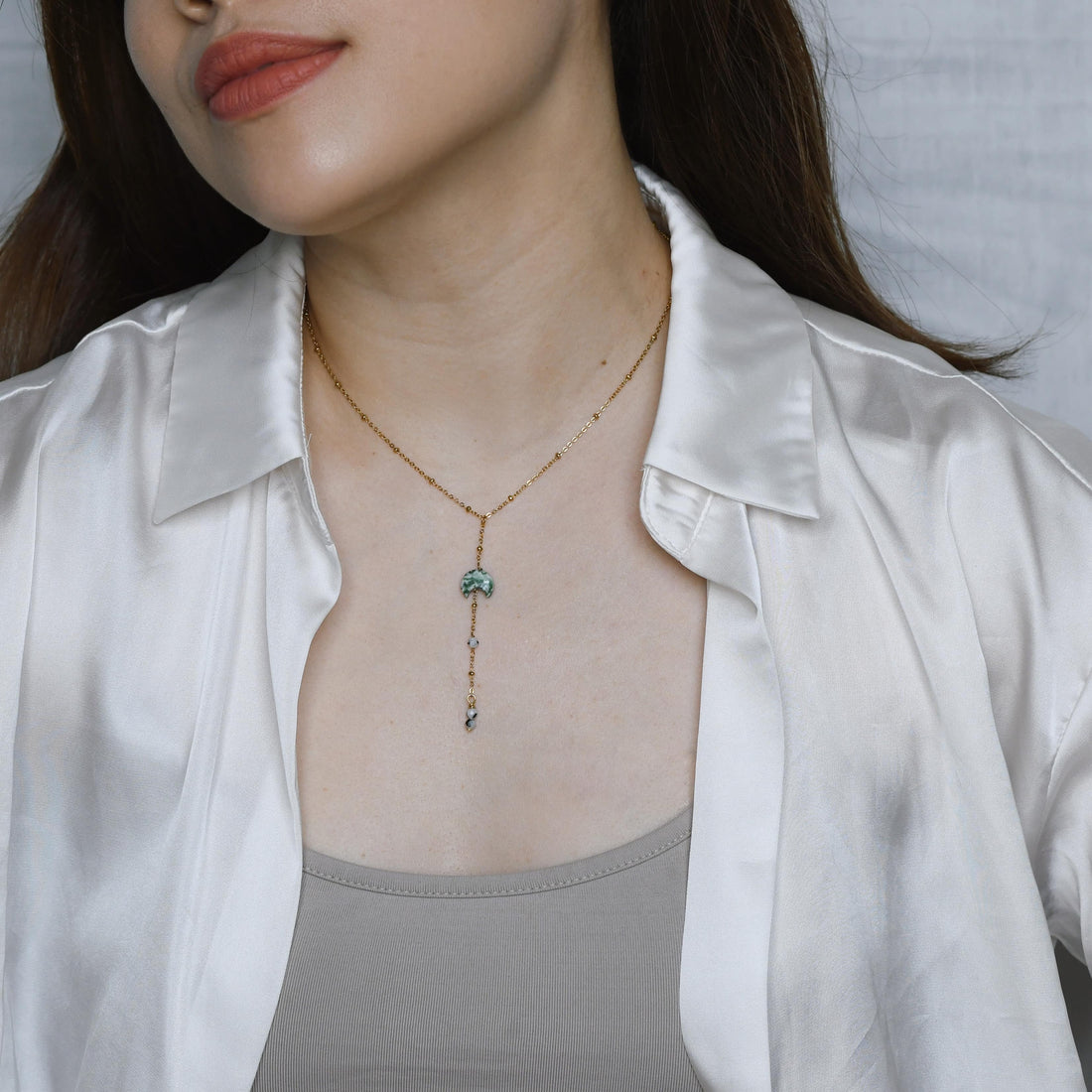 Kyra Green Spot Jasper+Moonstone Lariat Necklace