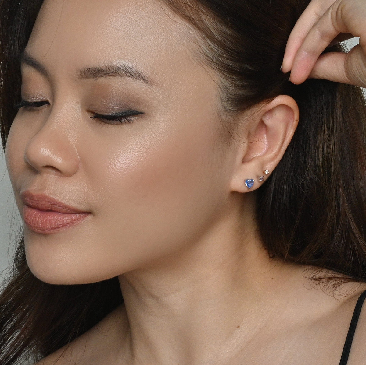 Evie Heart Studs | Silver Blue Denim